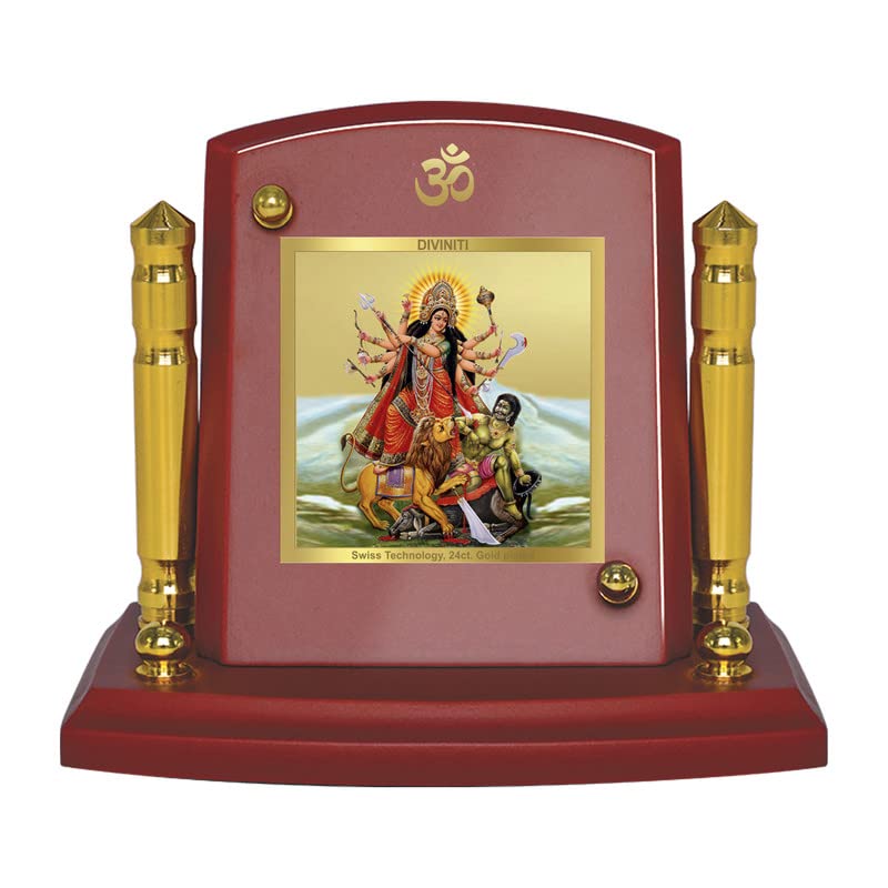 Diviniti 24K Gold Plated Durga Photo Frame for Car Dashboard, Home Decor, Tabletop, Puja Room, Showpiece and Gift MDF1BP+ (6.5x5.5 CM)