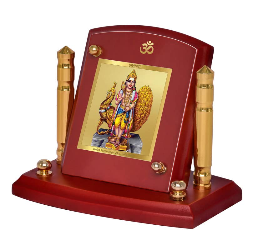 Diviniti 24K Gold Plated Karthikey Photo Frame for Car Dashboard, Home Decor, Tabletop, Puja Room, Showpiece and Gift MDF1BP+ (6.5x5.5 CM)