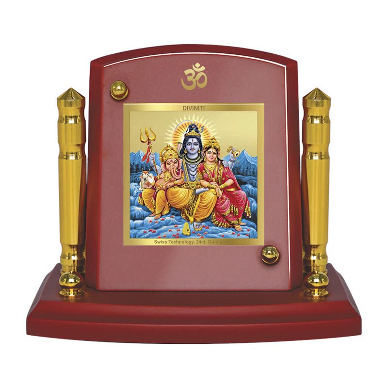 Diviniti 24K Gold Plated Foil Shiv Parivar Photo Frame for Car Dashboard, Home Decor, Tabletop, Puja Room, Showpiece and Gift MDF1BP+ (6.5x5.5 CM)