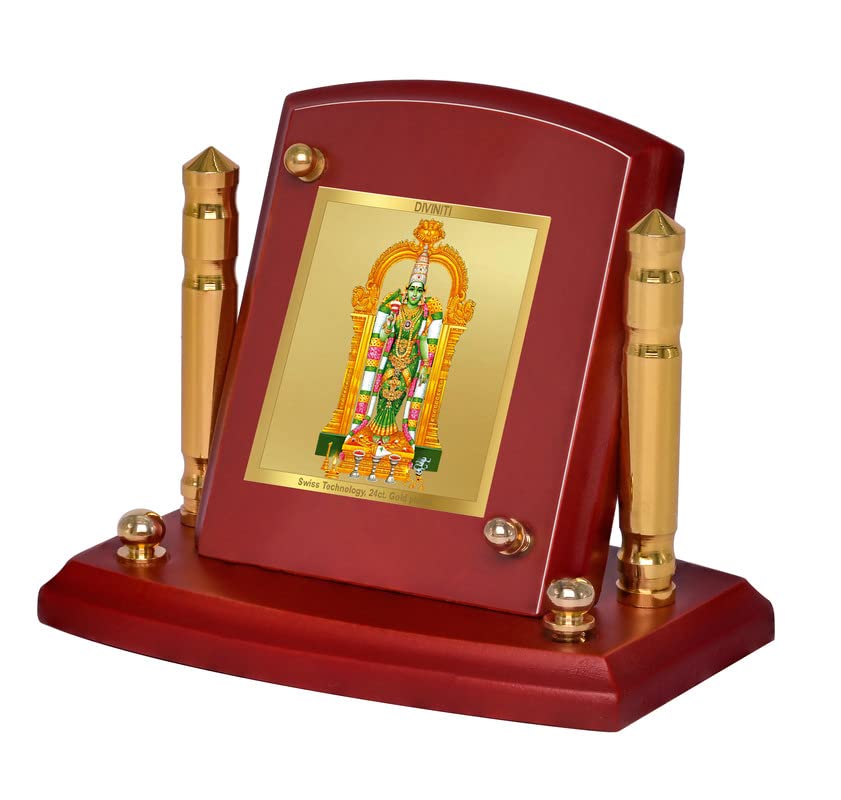 Diviniti 24K Gold Plated Foil Meenakshi Photo Frame for Car Dashboard, Home Decor, Tabletop, Puja Room, Showpiece and Gift MDF1BP+ (6.5x5.5 CM)