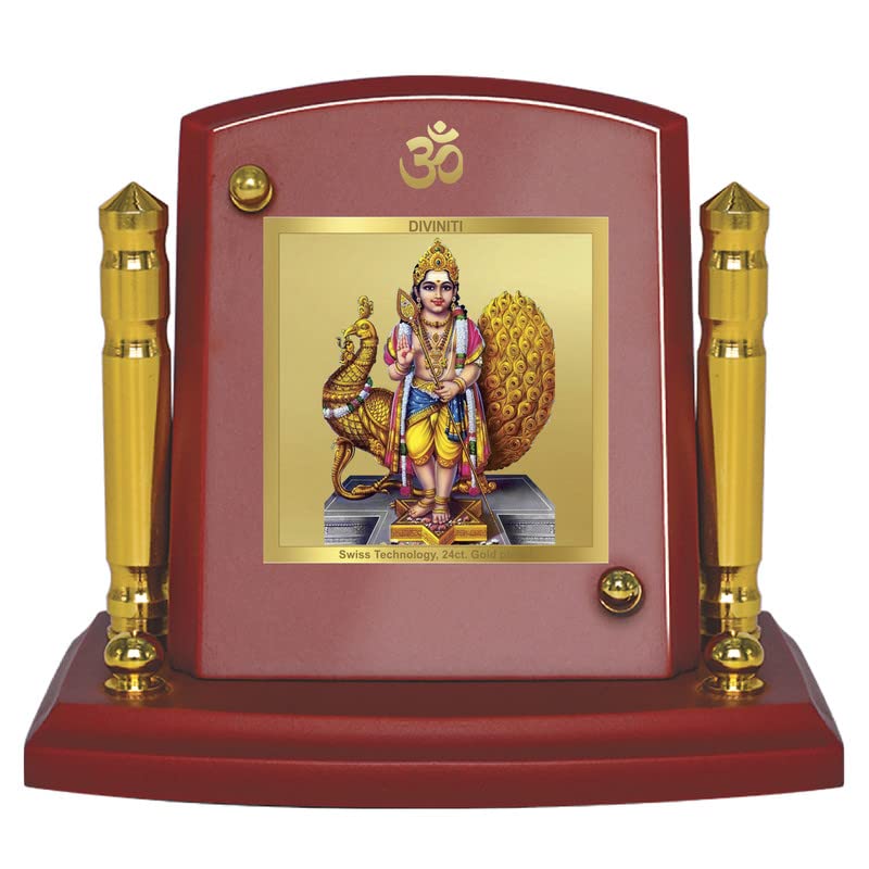 Diviniti 24K Gold Plated Karthikey Photo Frame for Car Dashboard, Home Decor, Tabletop, Puja Room, Showpiece and Gift MDF1BP+ (6.5x5.5 CM)