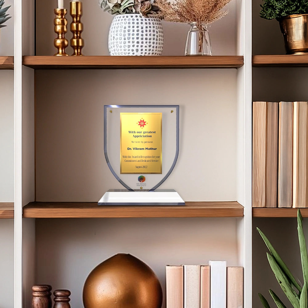 Crystal Shield Personalized Trophy Premium Appreciation Award with 24k Gold Plated Foil