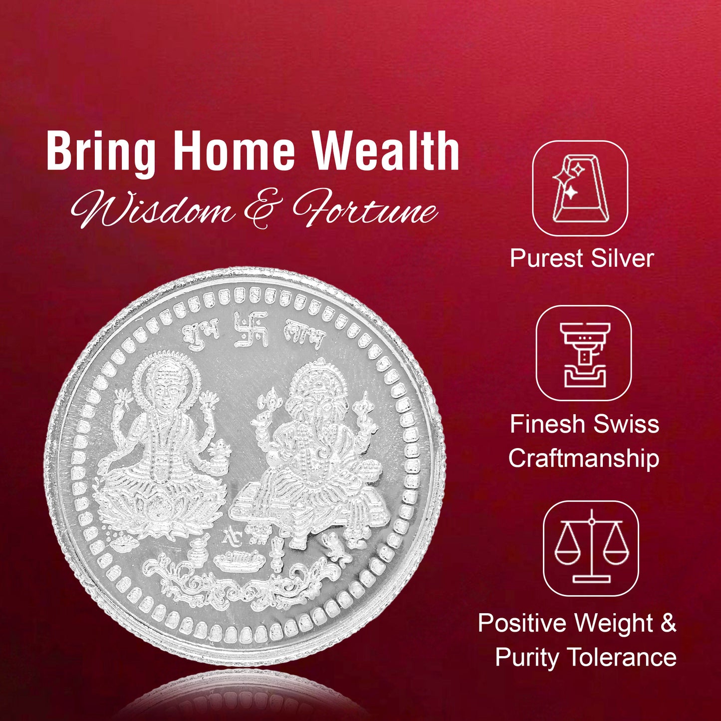 Pure Silver Coin Featuring Laxmi Ganesh with Om A Symbol of Prosperity and Spirituality for Home & Office Décor, Puja Room Diwali Gift (10g)