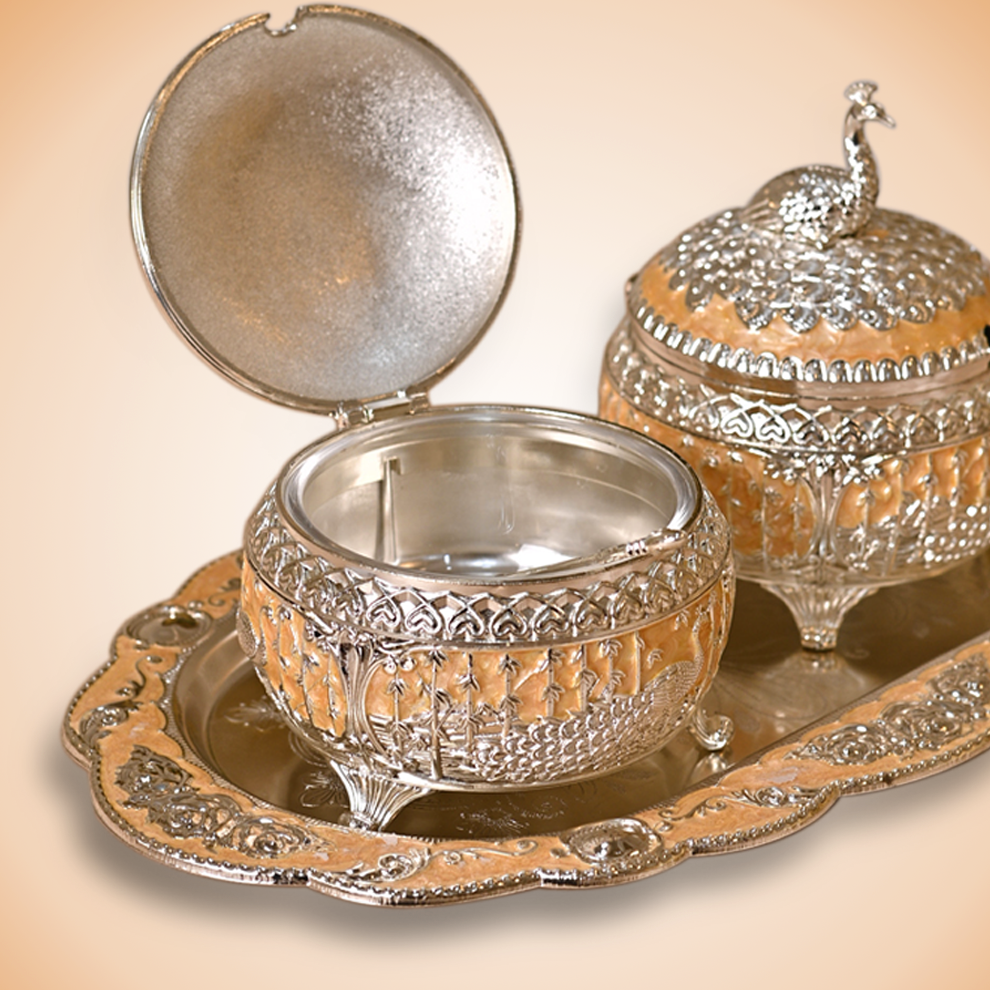 Diviniti Vintage Silver Plated Sugar Bowl with Serving Tray Dry Fruit Peacock Container Jar Set Traditional Parties & Dining Collection for Luxury Home Decor, Tabletop & Gift