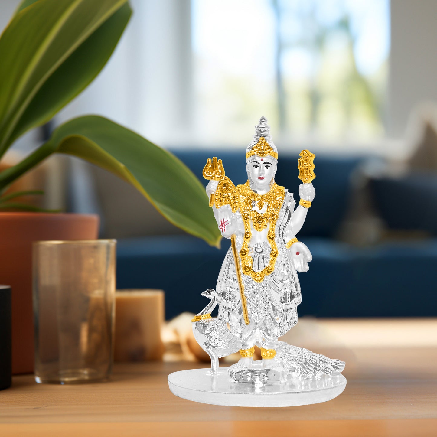 Diviniti 999 Silver Plated Kartikeya Idol Statue Exquisite Spiritual Symbol of Victory for Home & Office Pooja Room Gift (8x5 CM)