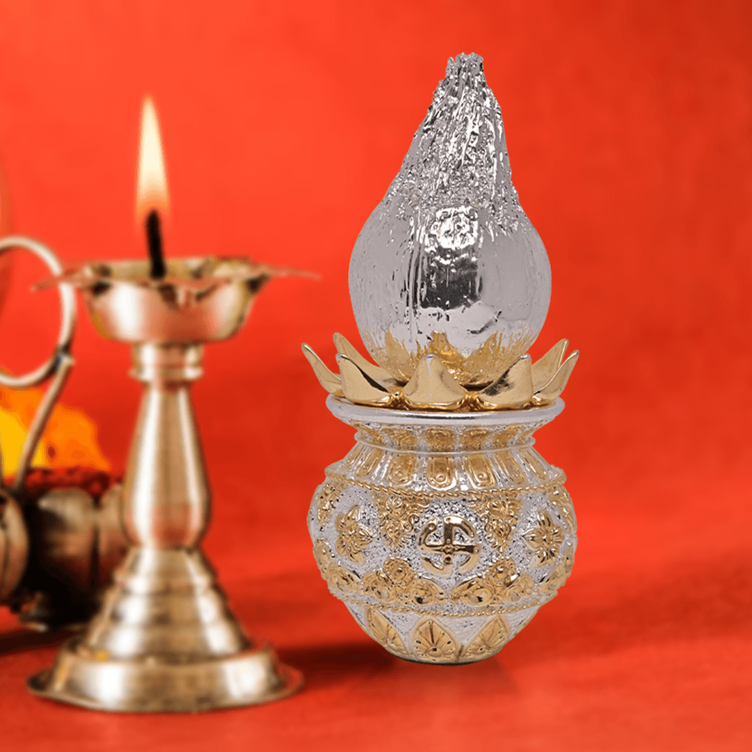 DIVINITI 24K Gold Plated Swastik Kalash with Silver Plated Coconut Elegance Rituals and Celebrations for Home Office Décor Puja Room Diwali Gift (16x8 CM)