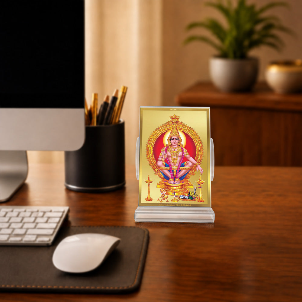 24K Gold-Plated Lord Ayyappan Acrylic Car Dashboard Frame | 11x7 CM