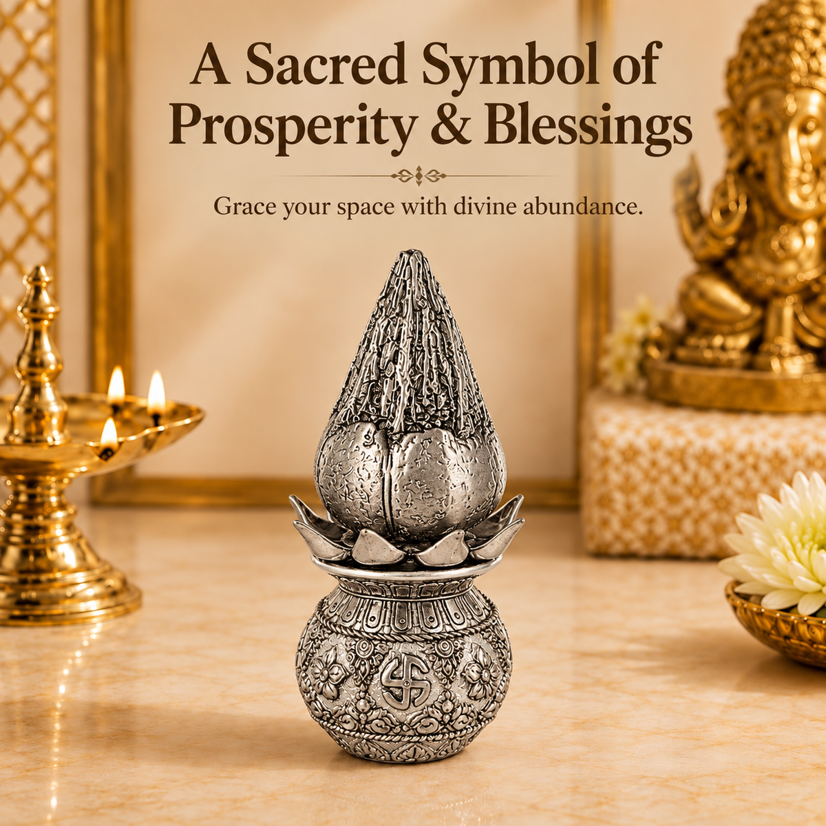 999 Silver-Plated Antique Lakshmi Kalash with Coconut | Gift Box | 16x8 CM