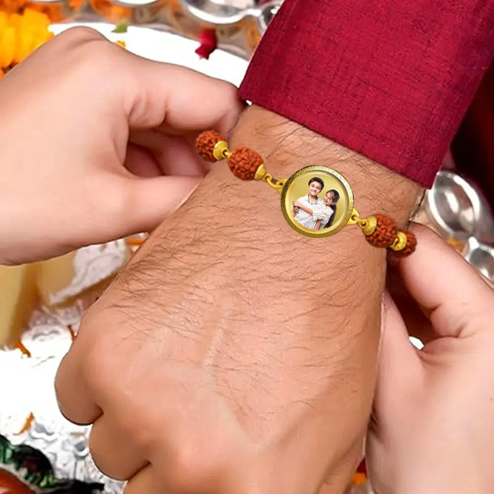 Personalized Rudraksha Rakhi with 18MM 24K Gold Plated Foil Divine Raksha Bandhan Gift