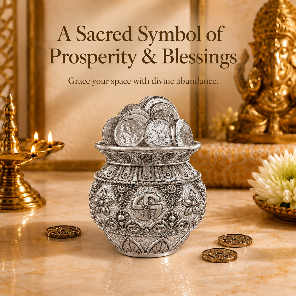 999 Silver-Plated Antique Lakshmi Coin Kalash | Premium Gift Box | 11x9 CM