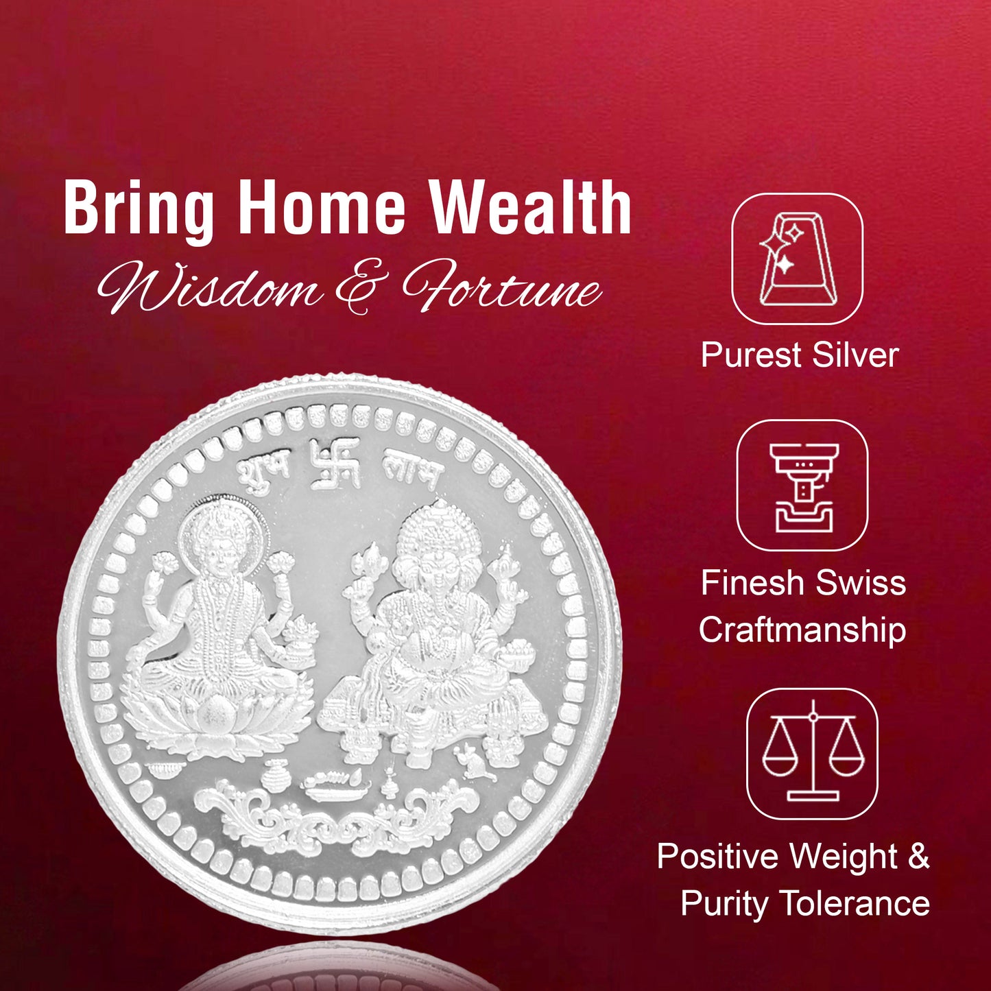 Pure Silver Coin with Laxmi Ganesh & Swastik A Divine Symbol of Wealth and Good Fortune for Home & Office Décor, Puja Room Diwali Gift (20g)