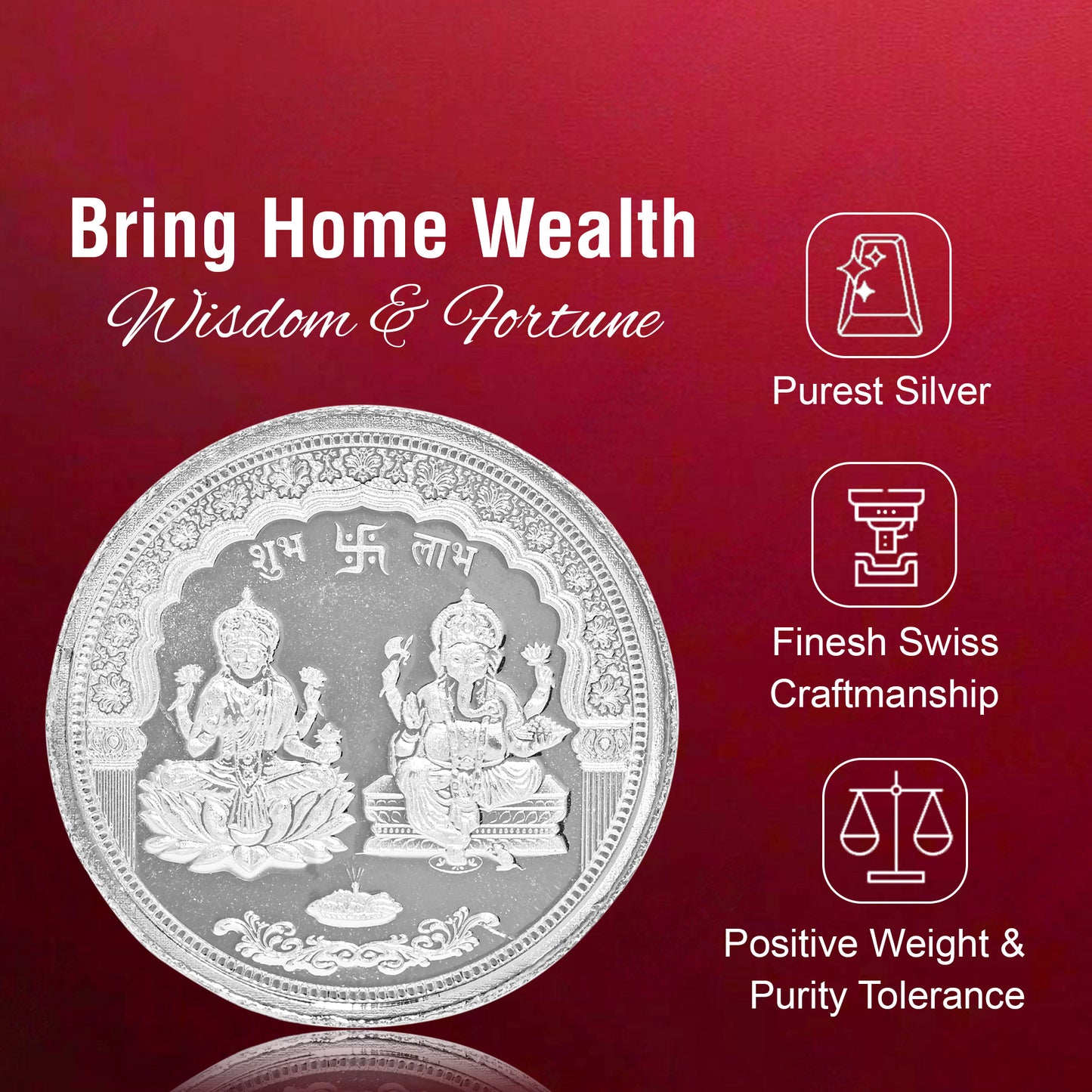 Pure Silver Coin with Laxmi Ganesh and Swastik Emblem of Wealth or Good Fortune for Home & Office Décor, Puja Room Diwali Gift (10g)