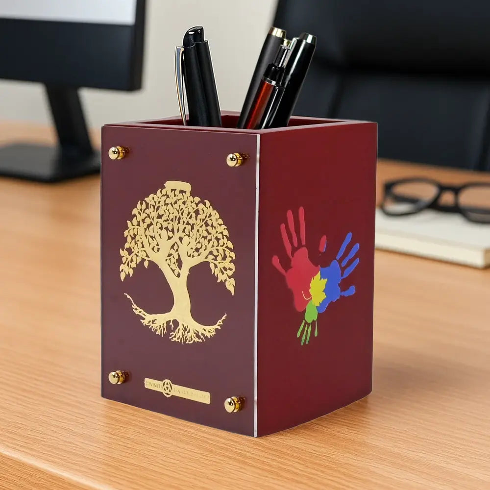 Customized MDF Pen Holder With 24K Gold Plated Tree of Life Foil For Home & Office