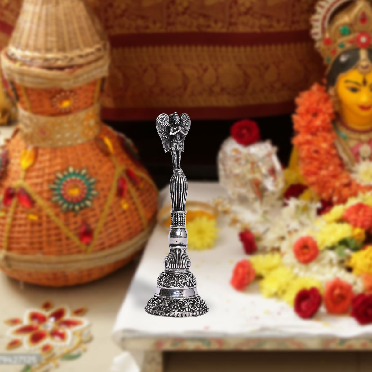 Pure Silver Mandir Puja Bell Handcrafted Temple Bells, Sacred Ritual Decor, Vintage Spiritual Art (3x11,77g)