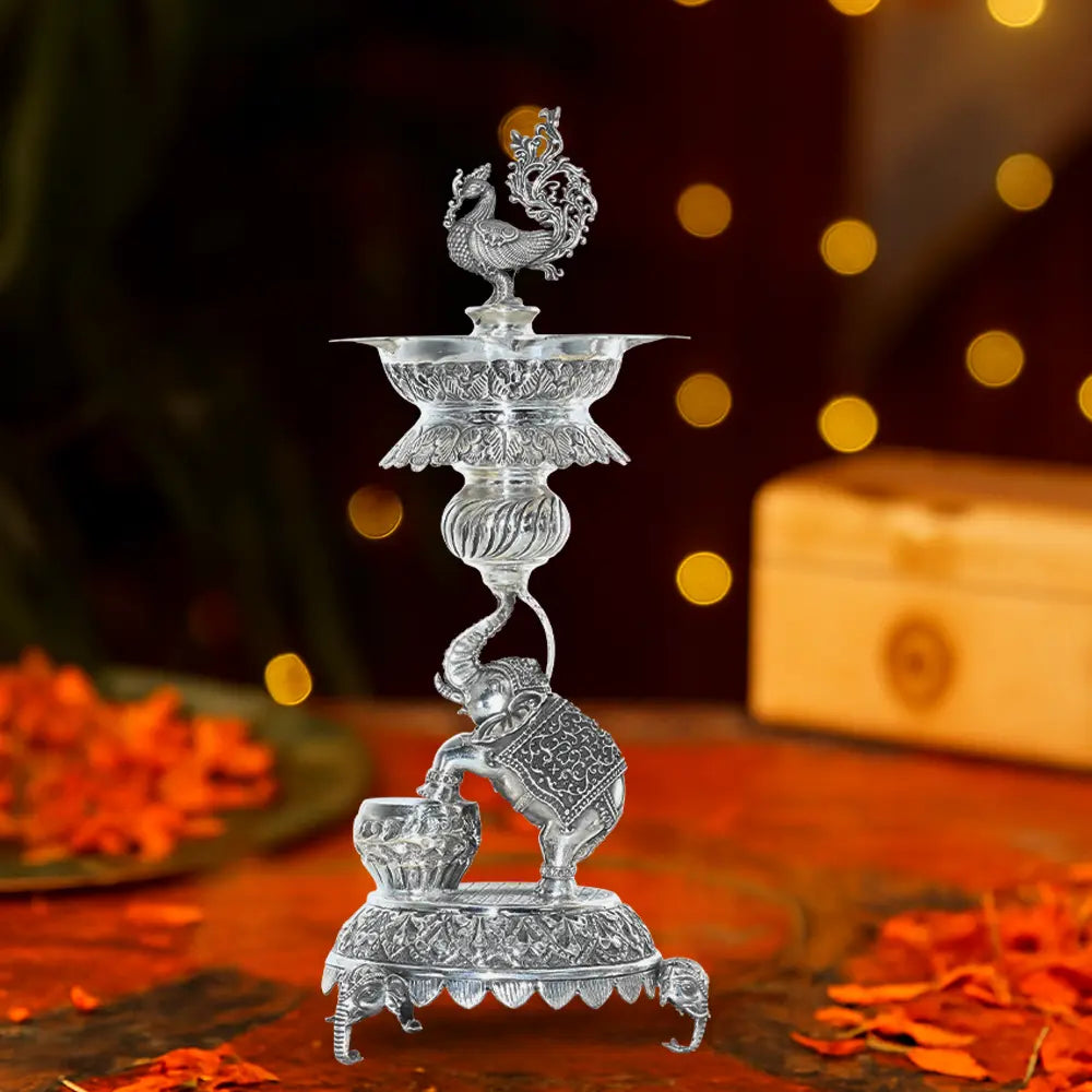 Pure Silver | Elephant & Peacock Diya Stand for Spiritual Decor | Home Temple | Puja & Festive Decor (530 g)
