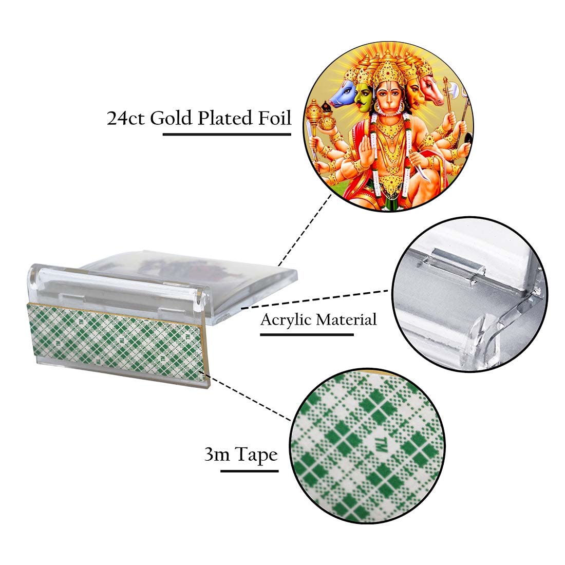 Diviniti 24K Gold Plated Foil Panchmukhi Hanuman Acrylic Frame for Car Dashboard, Puja Room, Home Decor, Tabletop, Festival Gift ACF3A (5.8x4.8 CM)