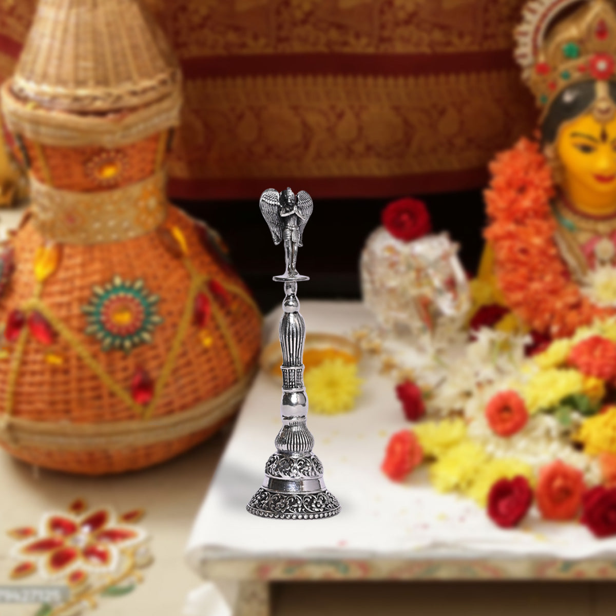 Pure Silver Puja Bell Handcrafted Temple Bells, Sacred Ritual Decor, Vintage Spiritual Art (3.5x12 cm,81g)
