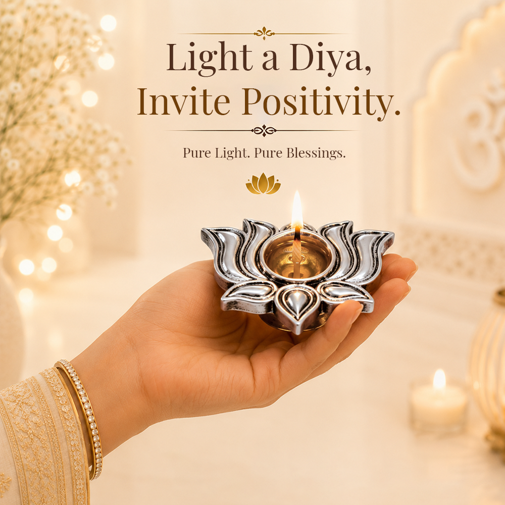Diviniti 999 Silver Plated Lotus Diya Set of 2 with Luxury Gift Box | Antique Finish Home & Festive Décor