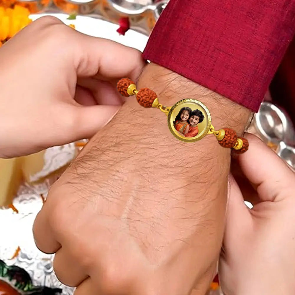 Personalized Rudraksha Rakhi with 18MM 24K Gold Plated Foil Divine Raksha Bandhan Gift