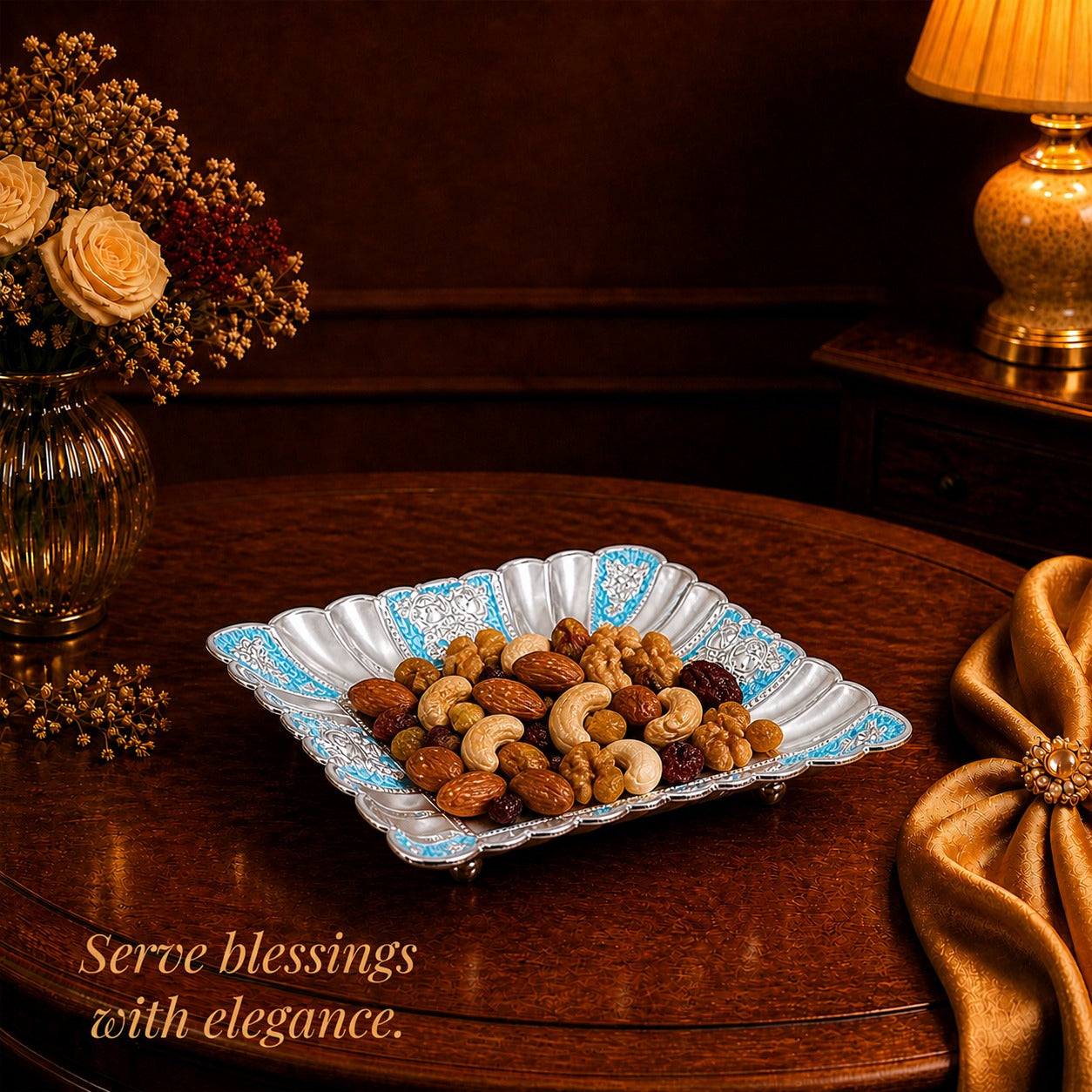 Diviniti Turquoise German Silver Decorative Platter with Luxury Gift Box