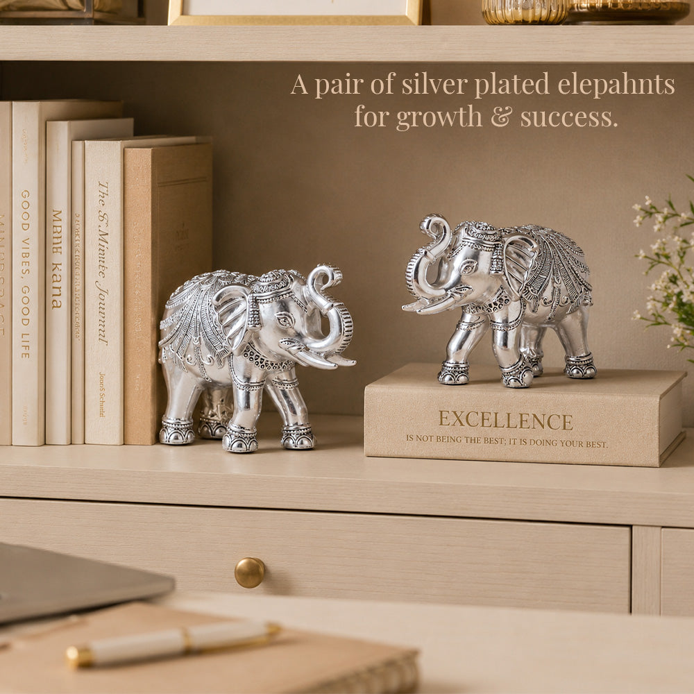 Diviniti 999 Silver Plated Antique Elephant Pair Showpiece for Home Décor With Gift Box