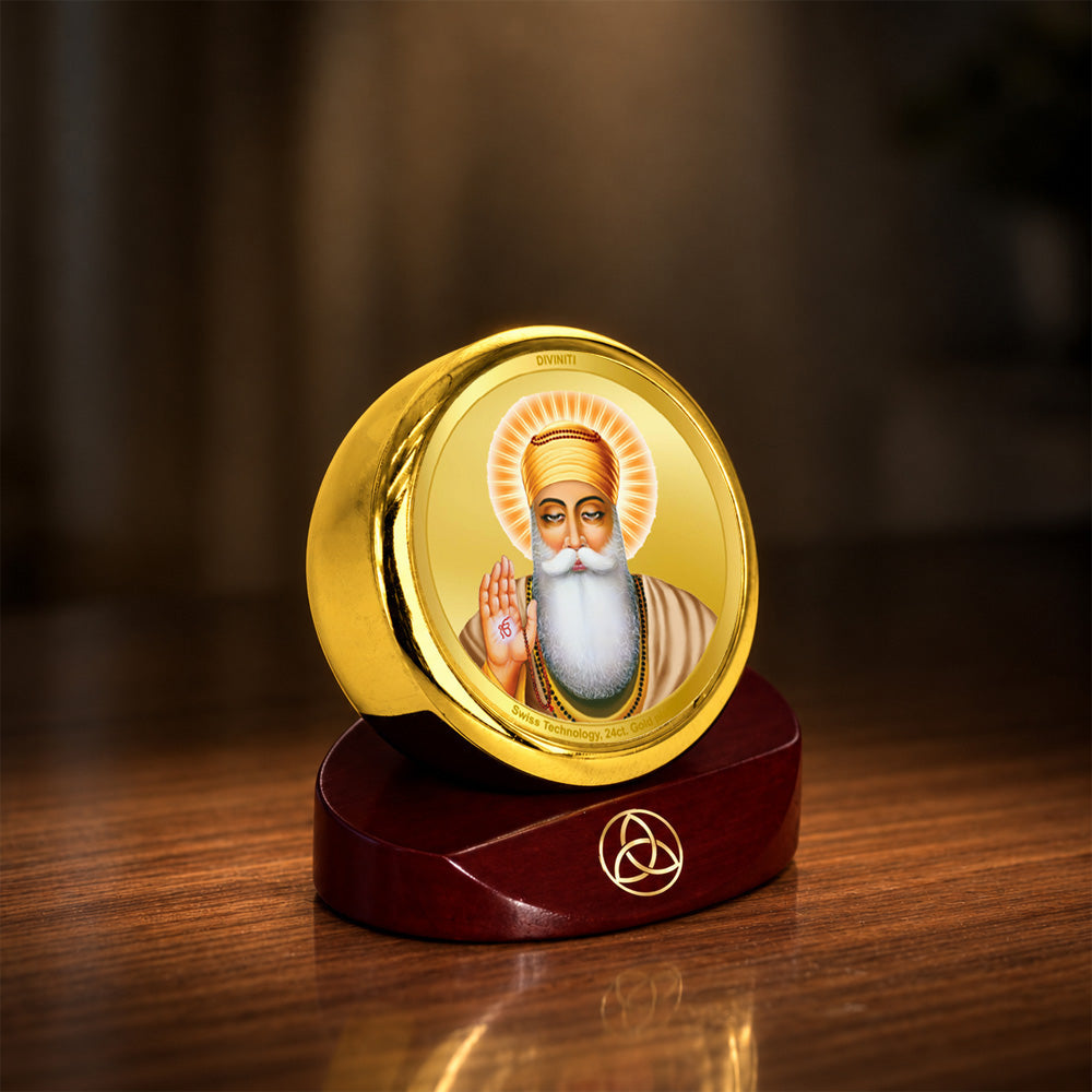 24K Gold-Plated Guru Nanak Dev Ji Car Dashboard Frame | 5x5 CM