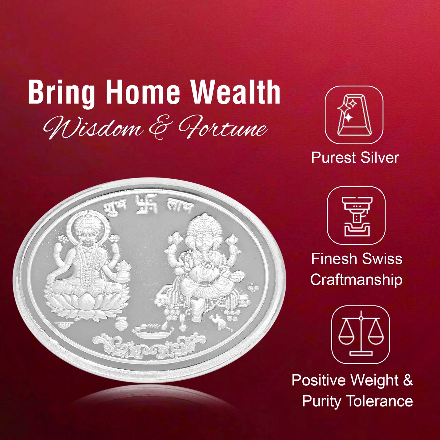 Pure Silver Coin Laxmi Ganesh with Swastik A Blessing of Prosperity and Good Fortune for Home & Office Décor, Puja Room Diwali Gift (10g)