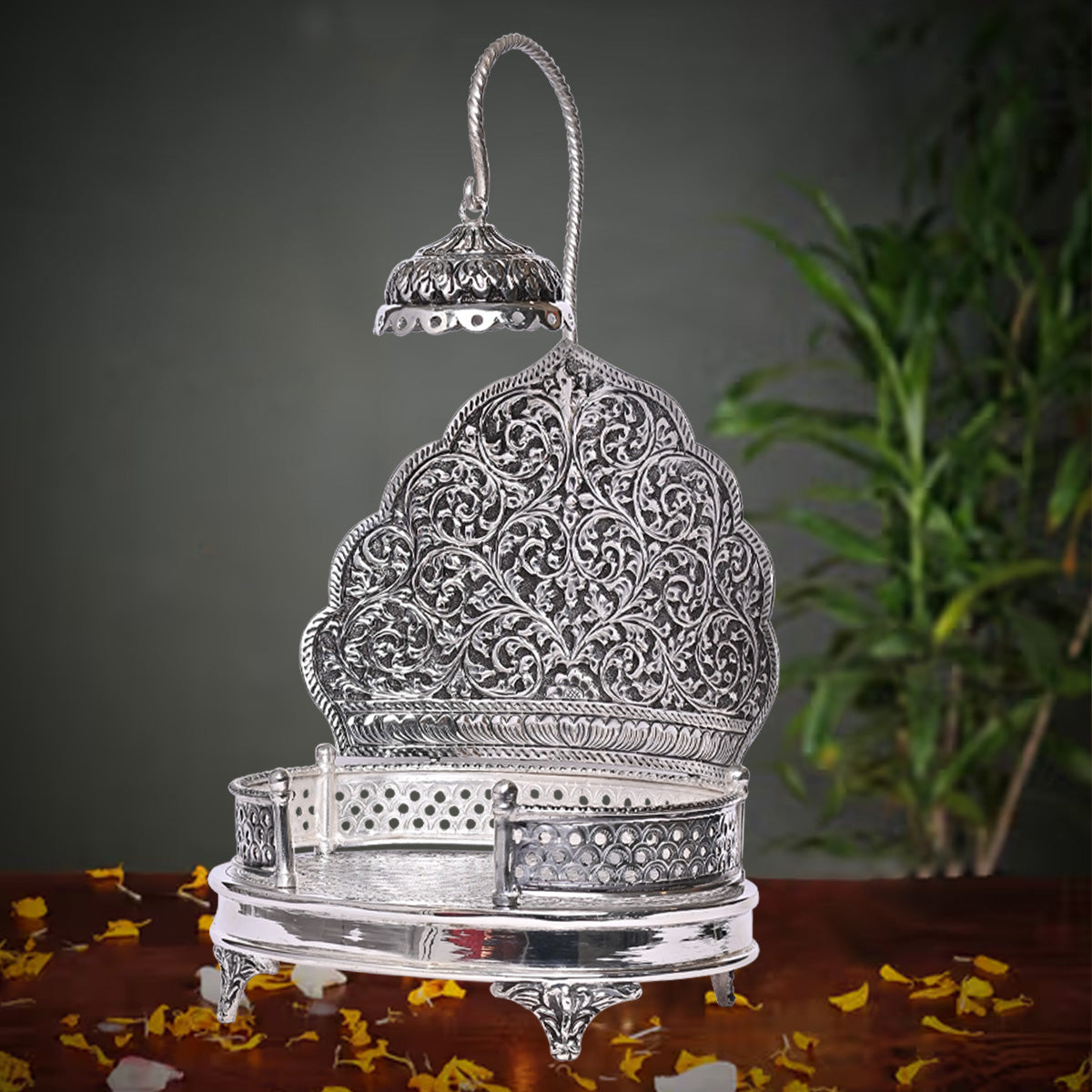 Pure Silver Singhasan Mandir Antique Temple Divine Décor Vintage Handcrafted Pooja Stand (17x18.5x26 cm,669.5g )