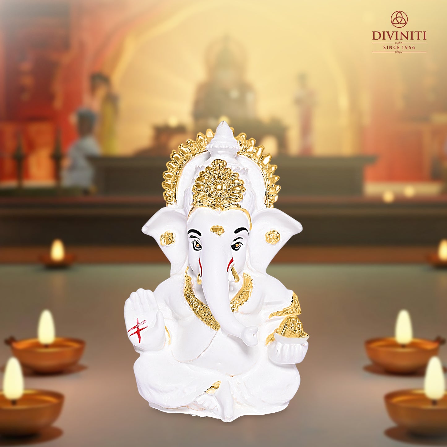 Diviniti 24K Gold Plated Resin Lord Ganesha Idol for Car Dashboard Tabletop for Home Decor Mandir Puja Gift White (8.4x4.2cm)
