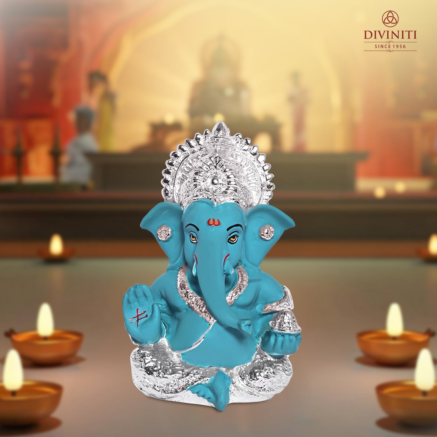 Diviniti 999 Silver Plated Resin Lord Ganesha Idol for Car Dashboard Tabletop for Home Decor Mandir Puja Gift Teal (8.4x4.2cm)