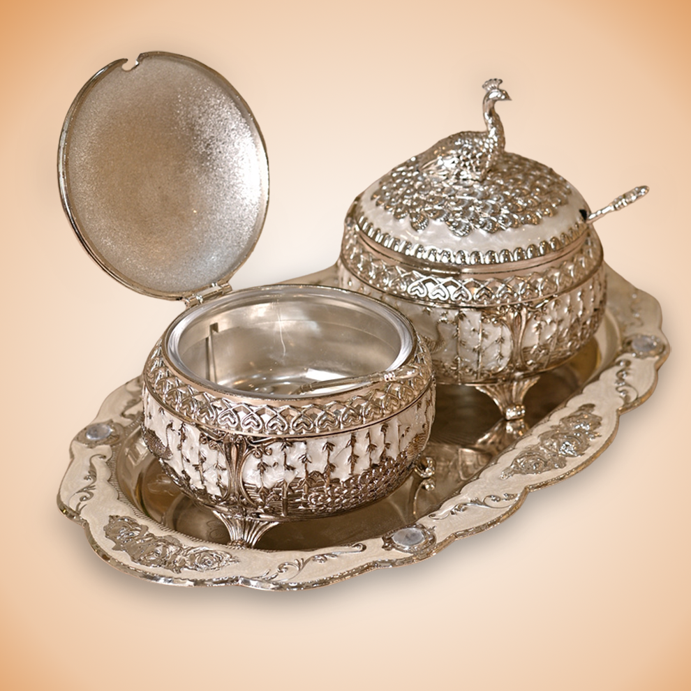 Diviniti Vintage Silver Plated Dry Fruit Peacock Container Box Set Sugar Bowl with Serving Tray Traditional Parties for Luxury Home Decor, Tabletop & Gift