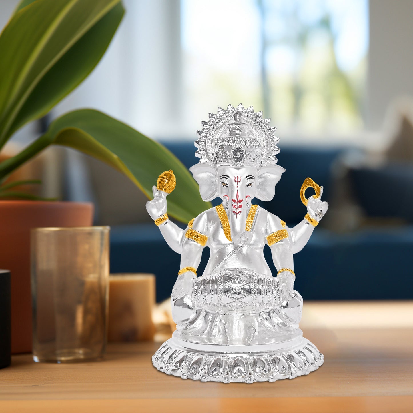 Diviniti 999 Silver-Plated Lord Ganesha Idol Statue Exquisite for Home Decor, Office Accent Pooja Room Essential & Thoughtful Gift (15x12 CM)