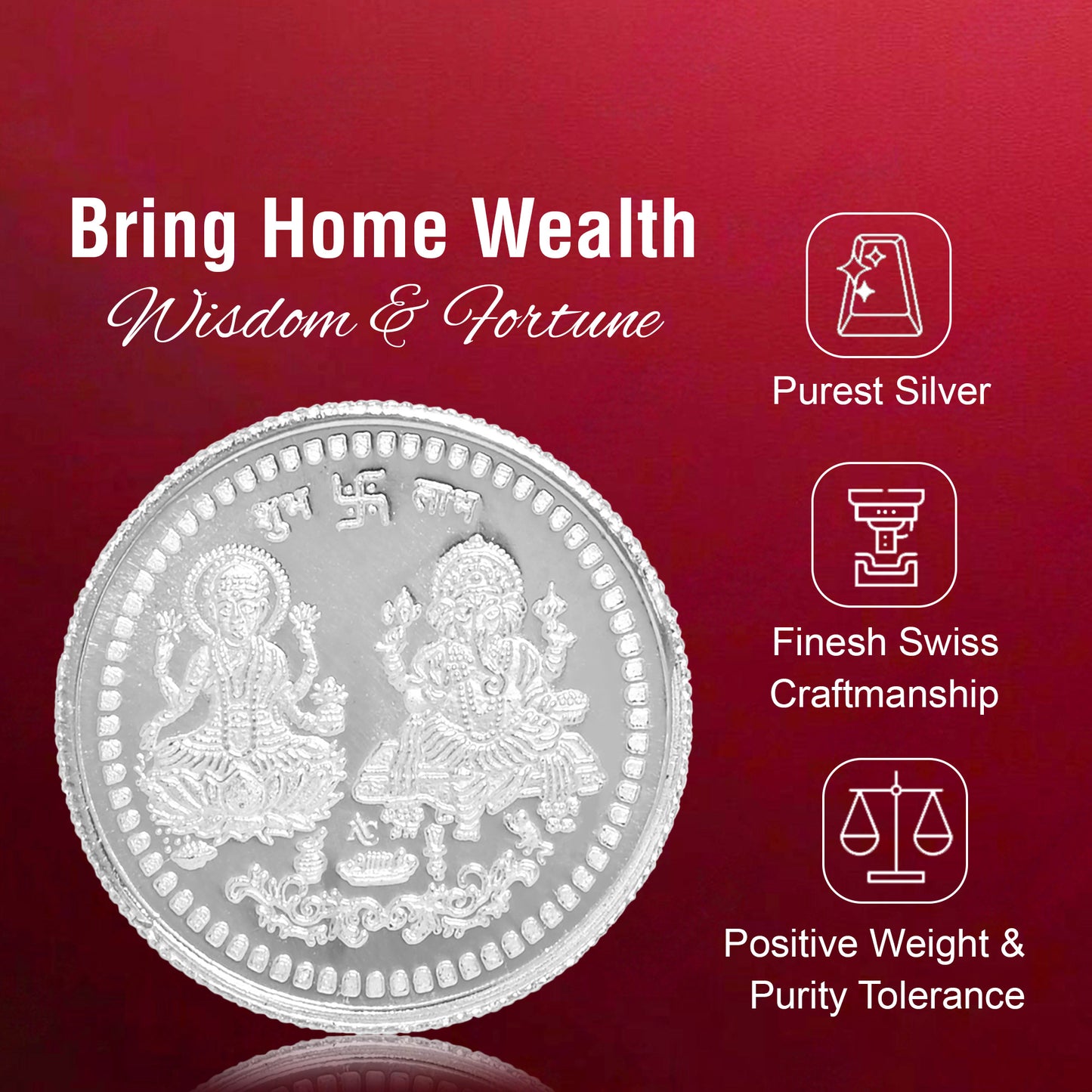 Pure Silver Coin Featuring Laxmi Ganesh & Om A Sacred Symbol of Prosperity and Spirituality for Home & Office Décor, Puja Room Diwali Gift (20g)
