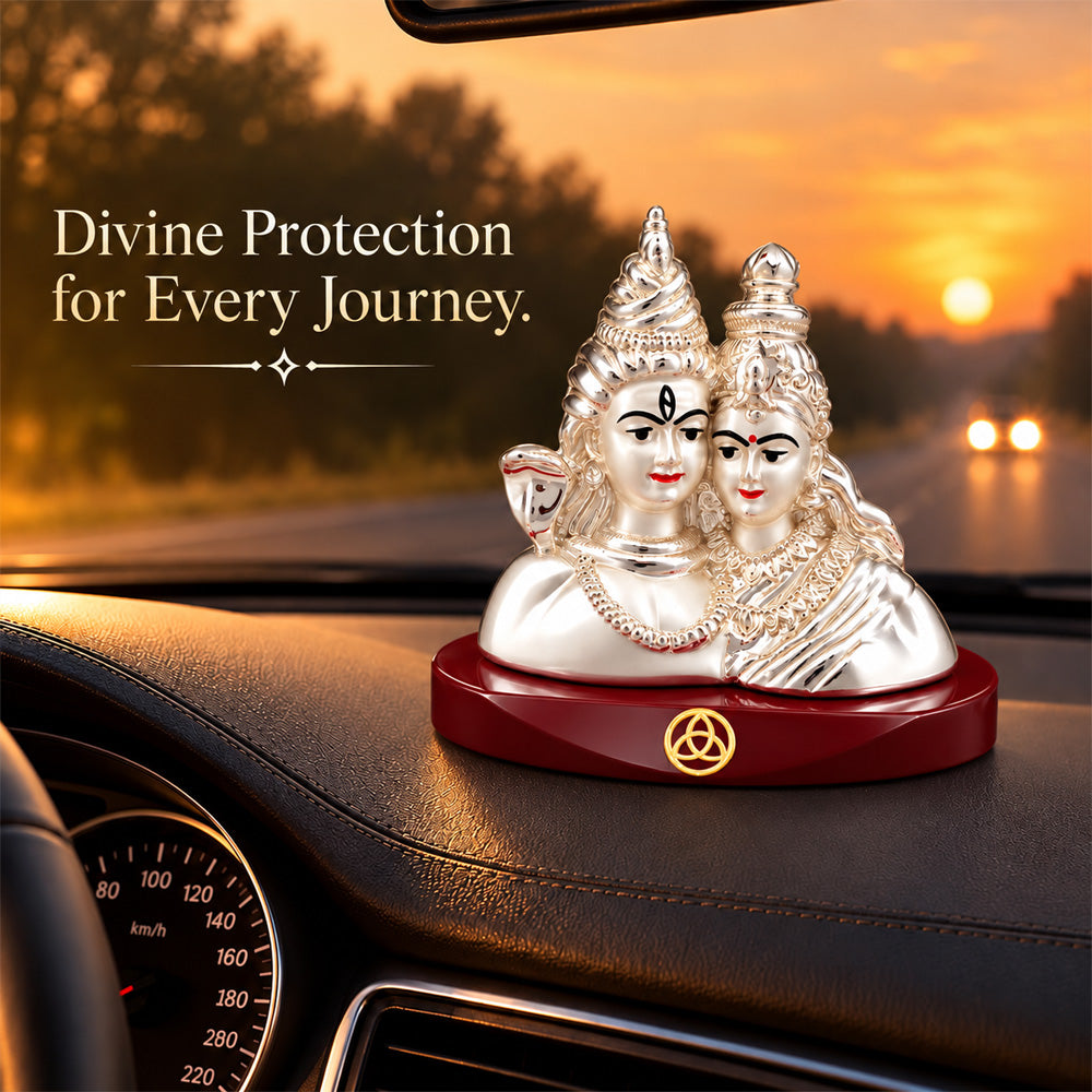 DIVINITI 999 Silver-Plated Shiv Parvati Idol | Car & Home Decor | Gift Box | 7.5x6 CM