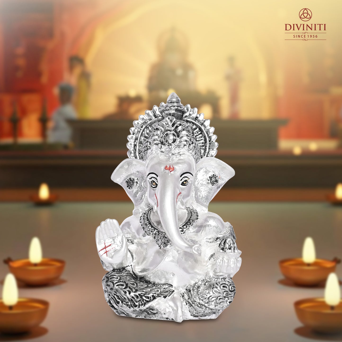 Diviniti 999 Silver Plated Resin Lord Ganesha Idol for Car Dashboard Tabletop for Home Decor Mandir Puja Gift Silver (8.4x4.2cm)