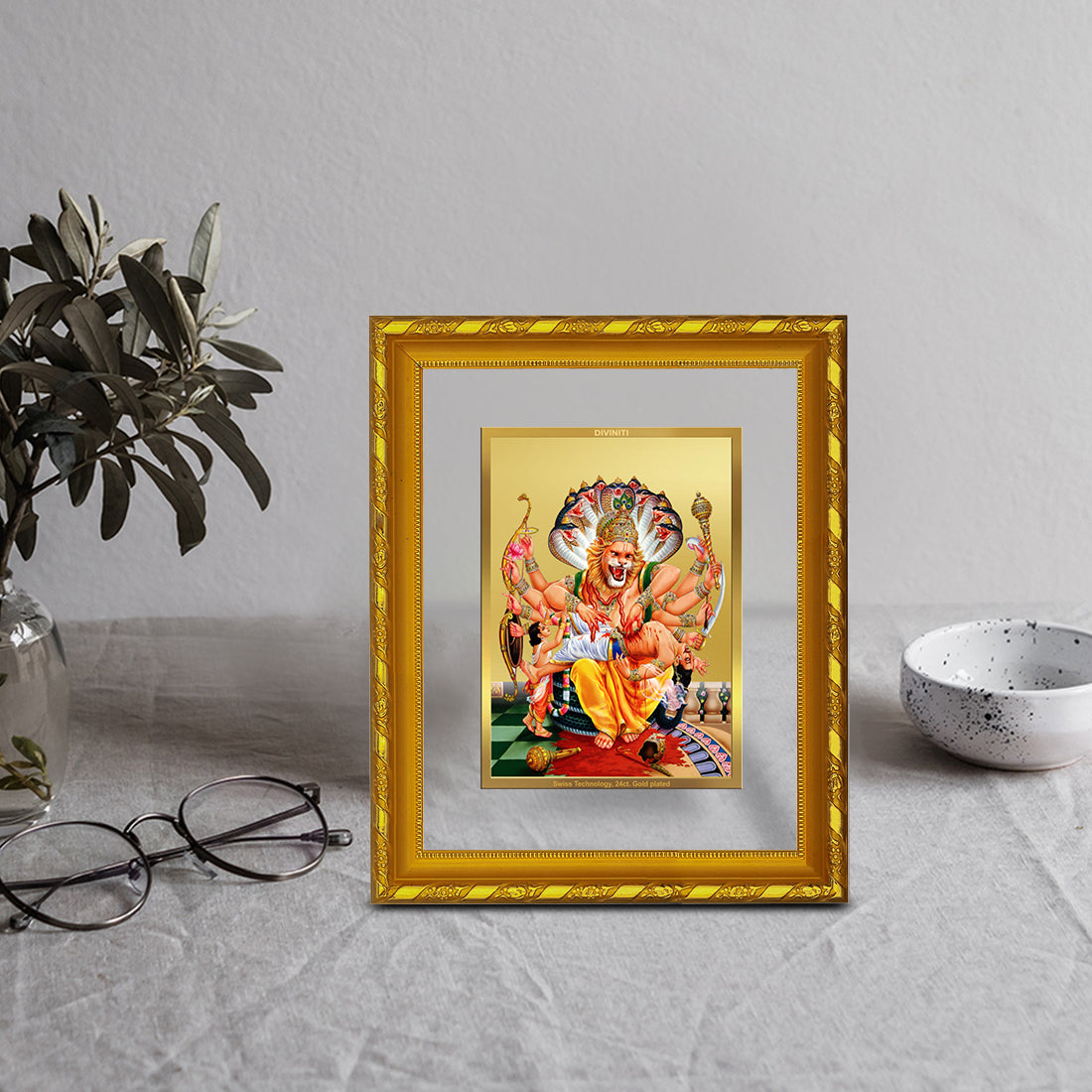 DIVINITI 24K Gold Plated Foil Narsimha Photo Frame Idol for Home Decor, Puja Room, Table Top, Wall Hanging, Workshop, Luxurious Gift|DG103 Size 2 (22.6x18.4 CM)