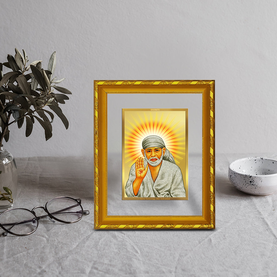 DIVINITI 24K Gold Plated Foil Sai Baba Photo Frame Idol for Puja Room, Home Wall Decor, Workshop, Table Top, Gift|DG103 Size 2 (22.6x18.4 CM)