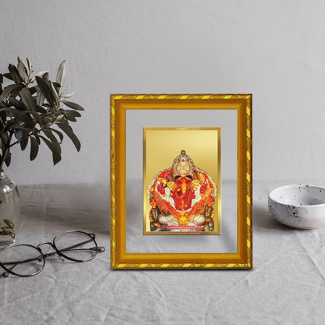 DIVINITI 24K Gold Plated Foil Siddhivinayak Photo Frame For Home Decor, Worship, Festival (DG 103 Size 2) (21.5 X 17.5 CM)