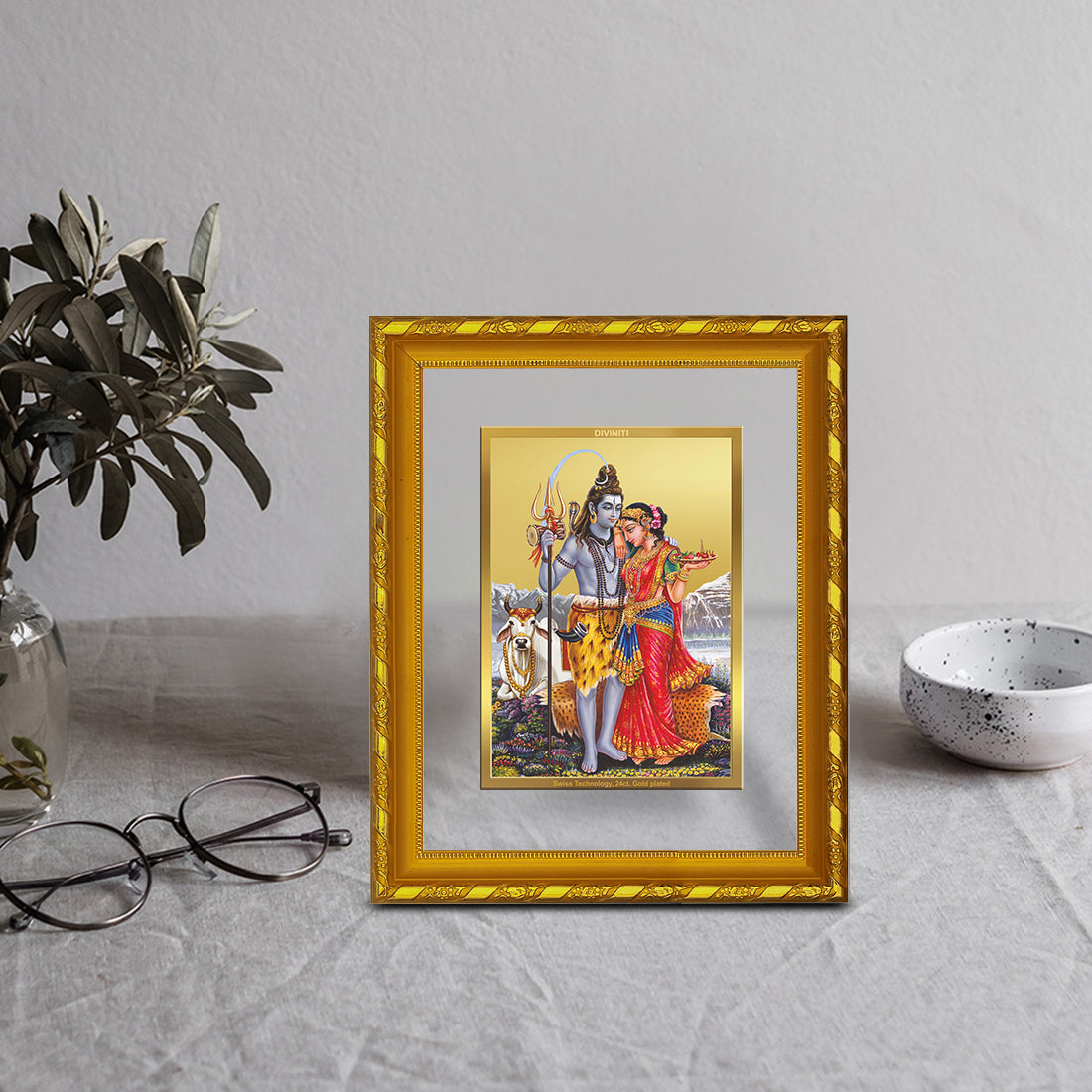 DIVINITI 24K Gold Plated Foil Lord Shiv Parivar Photo Frame for Home & Office Decor, Wall Hanging, Workshop, Table Top, Gift|DG103 Size 2 (22.6x18.4 CM)