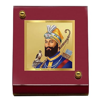 Diviniti 24K Gold Plated Foil Guru Gobind Singh Ji Frame For Car Dashboard, Home Decor, Table Tops (5.5 x 6.5 CM)
