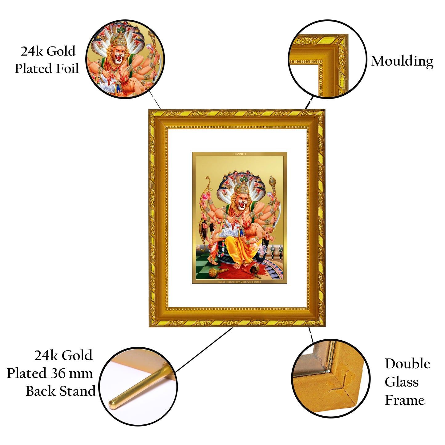 DIVINITI 24K Gold Plated Foil Narsimha Photo Frame Idol for Home Decor, Puja Room, Table Top, Wall Hanging, Workshop, Luxurious Gift|DG103 Size 2 (22.6x18.4 CM)