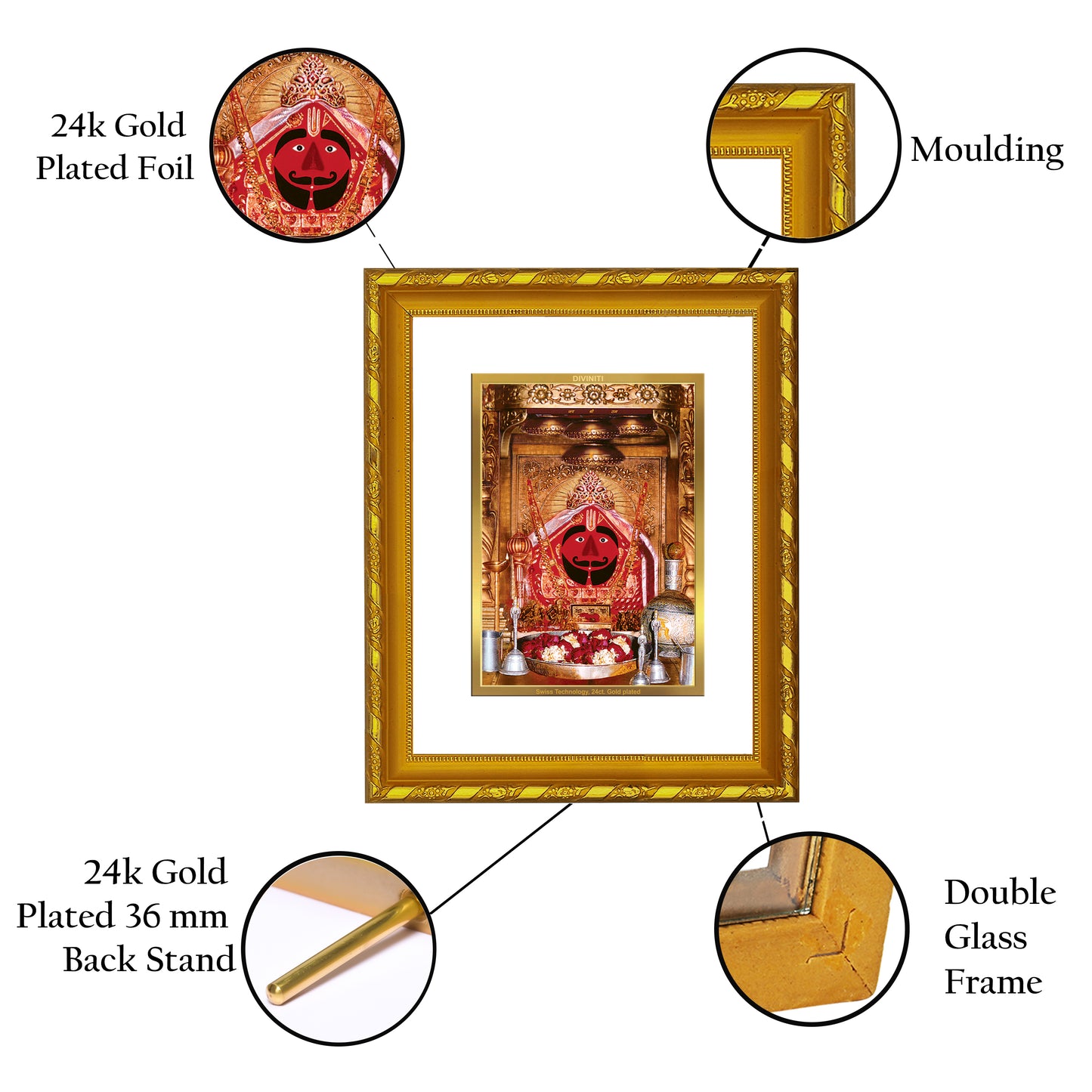 DIVINITI 24K Gold Plated Foil Salasar Balaji Photo Frame for Home Decor, Puja Room, Table Top, Wall Hanging, Workshop, Gift|DG103 Size 2 (22.6x18.4 CM)