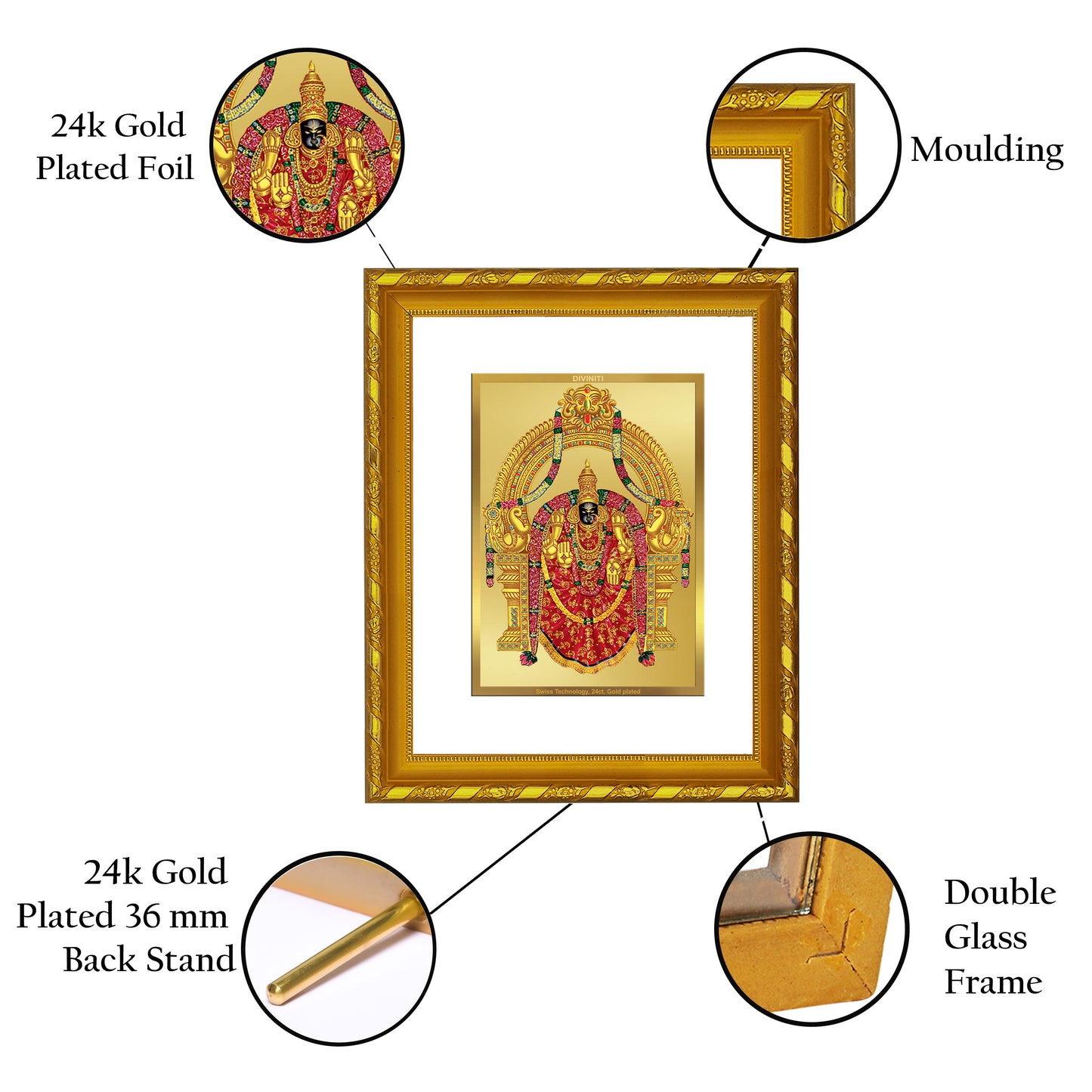 DIVINITI 24K Gold Plated Foil Padmavathi Photo Frame for Home Wall Decor, Workshop, Table Top, Gift|DG103 Size 2 (22.6x18.4 CM)