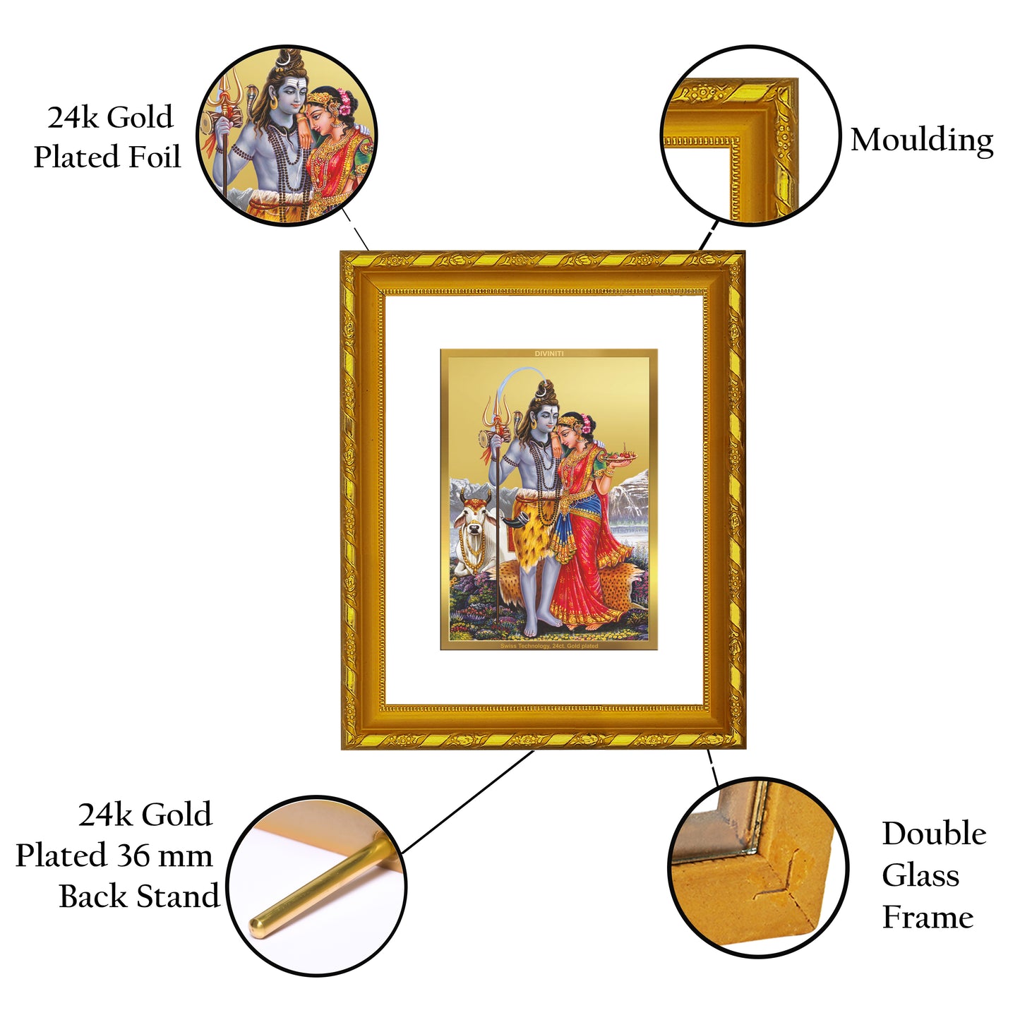 DIVINITI 24K Gold Plated Foil Lord Shiv Parivar Photo Frame for Home & Office Decor, Wall Hanging, Workshop, Table Top, Gift|DG103 Size 2 (22.6x18.4 CM)