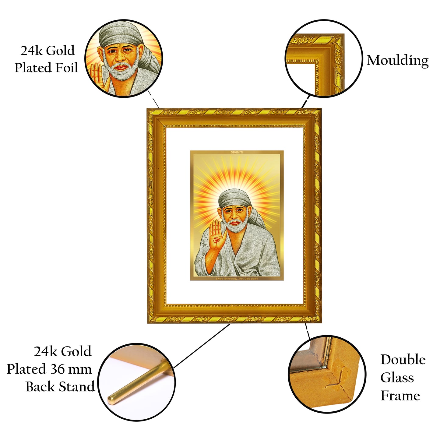 DIVINITI 24K Gold Plated Foil Sai Baba Photo Frame Idol for Puja Room, Home Wall Decor, Workshop, Table Top, Gift|DG103 Size 2 (22.6x18.4 CM)