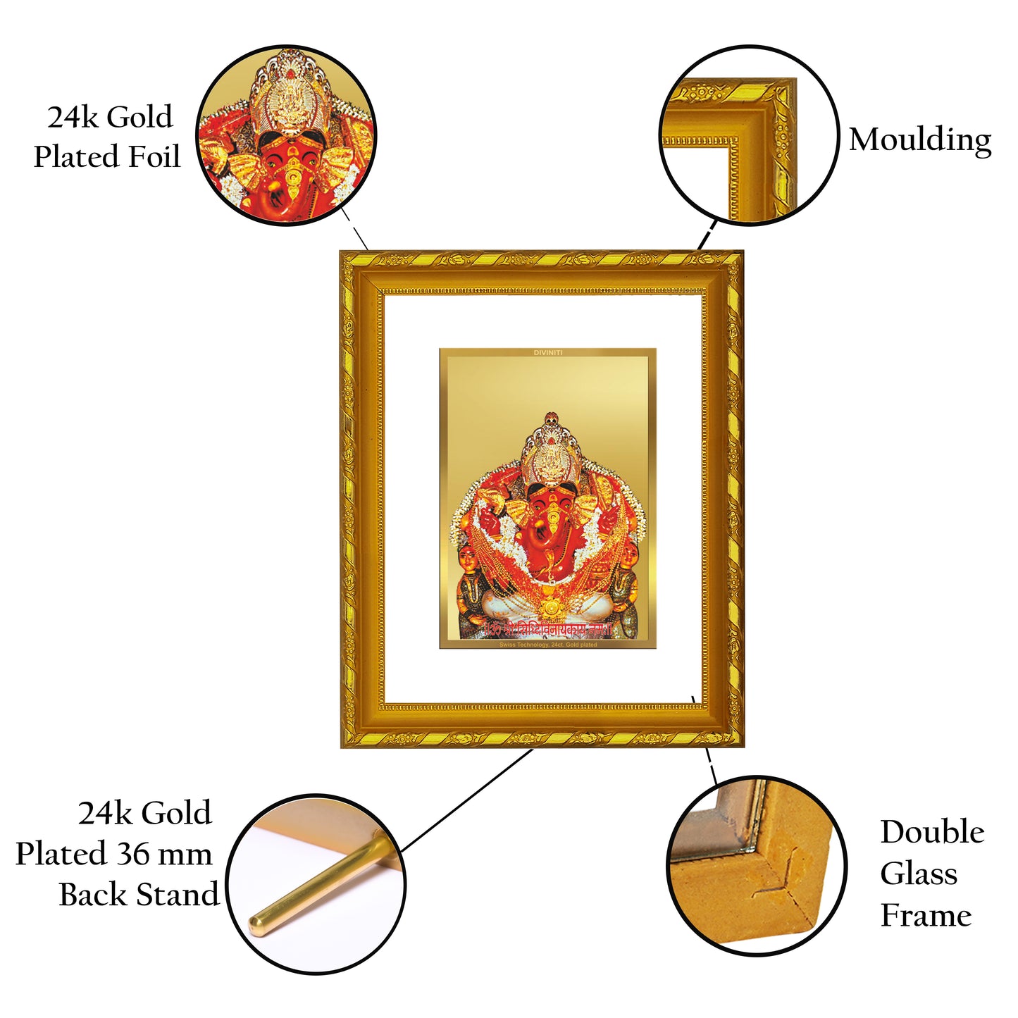 DIVINITI 24K Gold Plated Foil Siddhivinayak Photo Frame For Home Decor, Worship, Festival (DG 103 Size 2) (21.5 X 17.5 CM)
