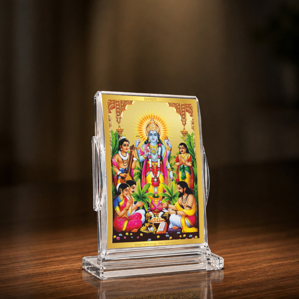 24K Gold-Plated Lord Satyanarayan Acrylic Car Dashboard Frame | 11x7 CM