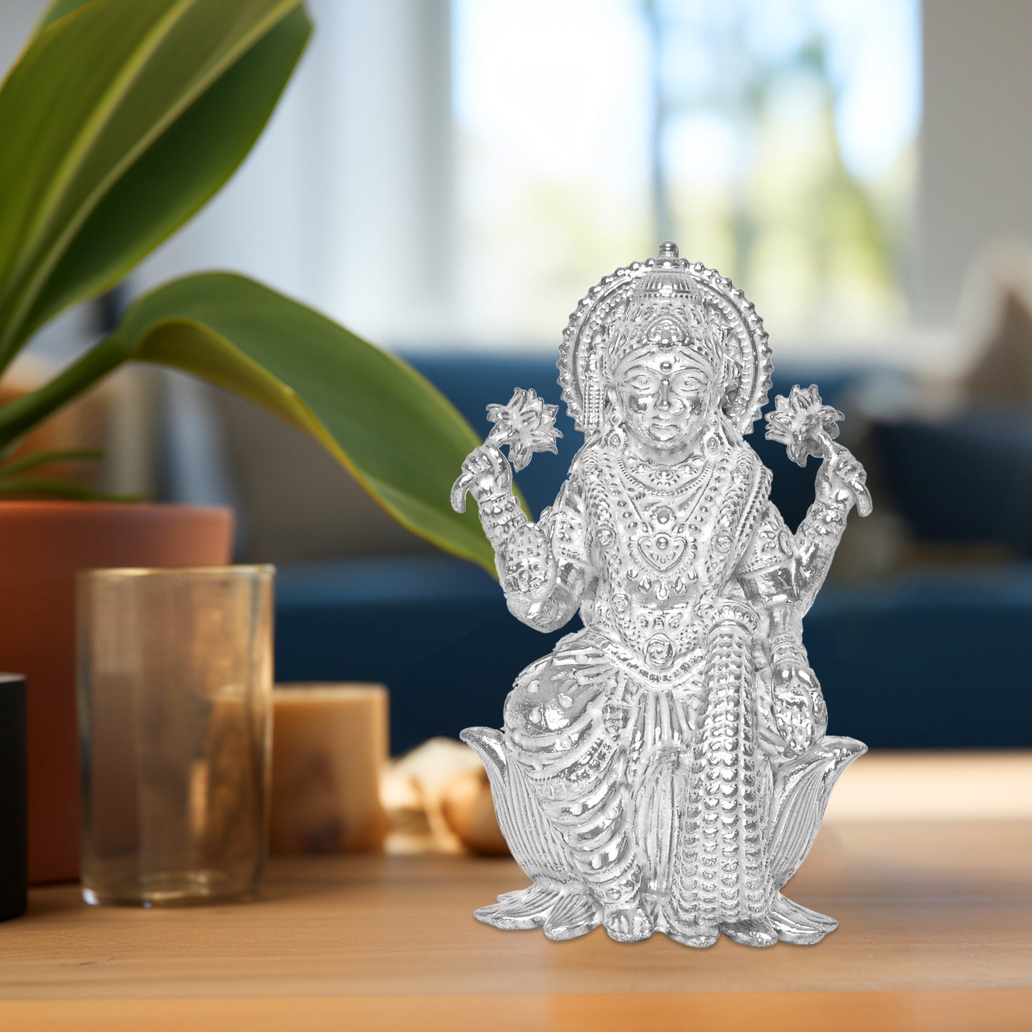 925 Pure Silver Laxmi Ji Idol Statue Divine Elegance Wealth and Prosperity for Home Office Décor, Tabletop, Puja Room Gift (4x4.5 CM, 45g)