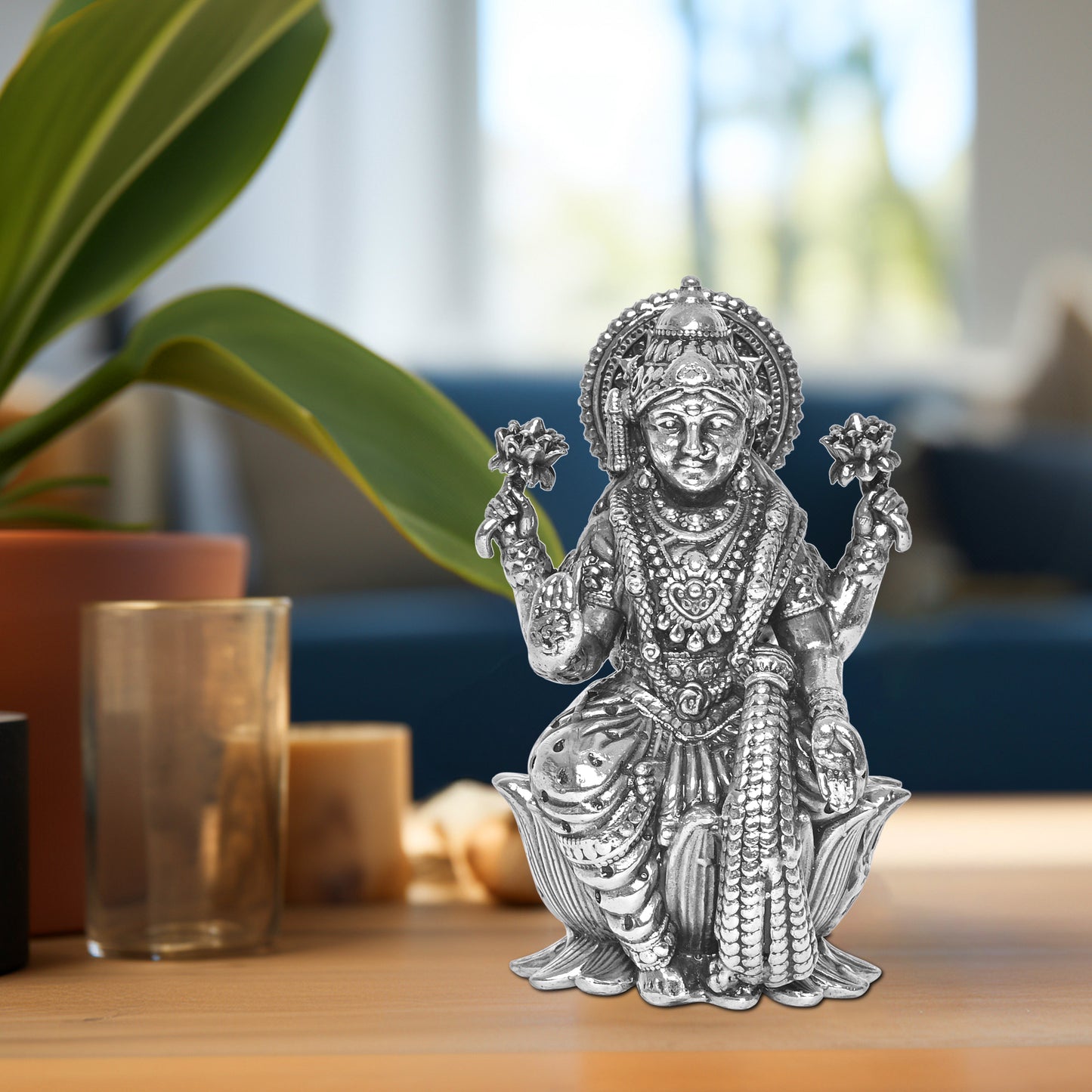 925 Pure Silver Laxmi Ji Idol Statue Divine Elegance Wealth and Prosperity for Home Office Décor, Tabletop, Puja Room Gift (4x4.5 CM, 45g)