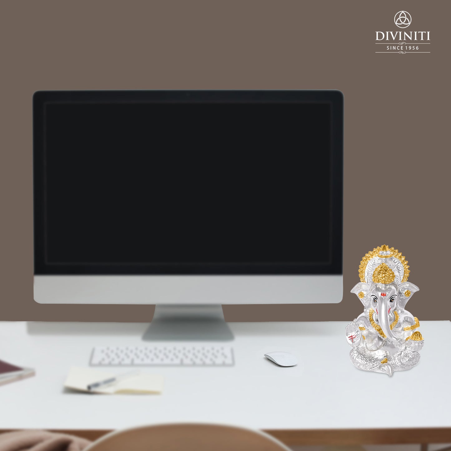 Diviniti 999 Silver Plated Lord Ganesha Idol for Car Dashboard Tabletop for Home Decor Mandir Puja Gift Silver & Gold (8.4x4.2cm)